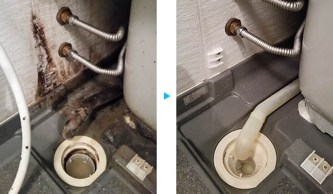 浴室クリーニングエプロン内部と排水口、施工例