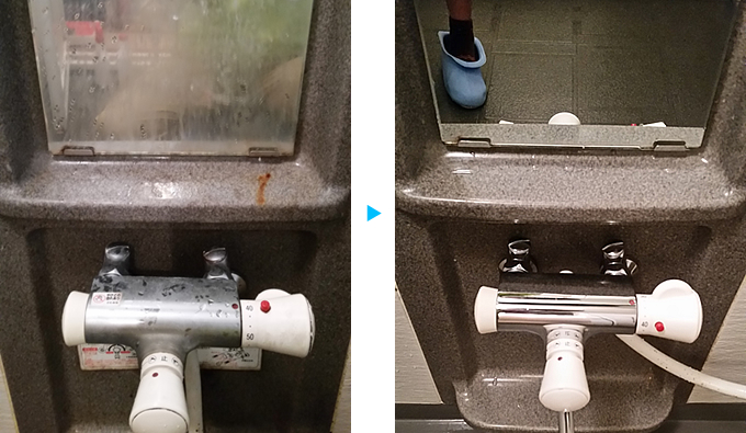 浴室鏡と水栓金具クリーニング例